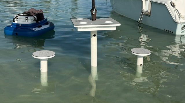 "Set of two marine-grade tiki bar stools for sandbar and coastal outdoor use"