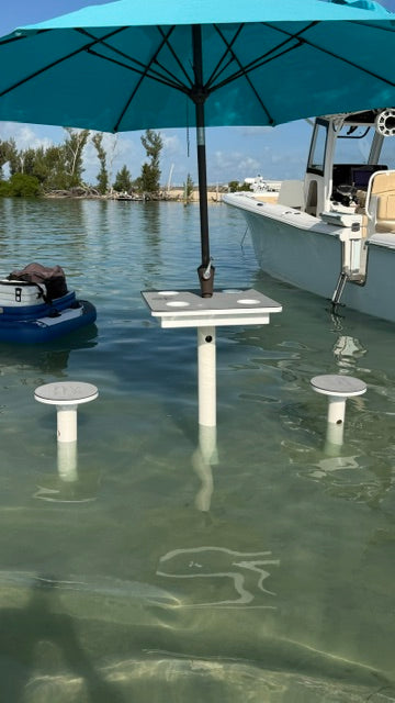 "Set of two marine-grade tiki bar stools for sandbar and coastal outdoor use"